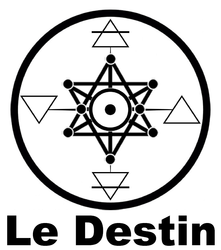 Logo et titre de la saga "Le Destin" monocouleur, représentant les symboles alchimiques du Soleil, de l'eau, de la terre, de l'air et du feu ainsi que le symbole du destin, le tout entouré d'un cercle. Le titre "Le Destin est affiché en gros en dessous du symbole.