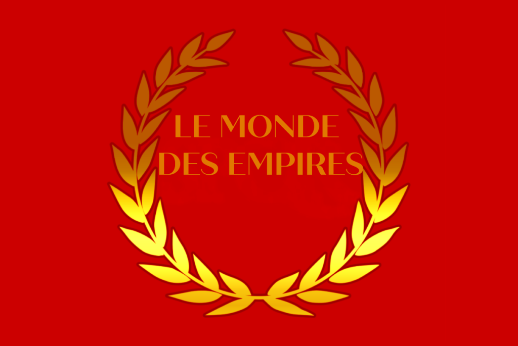 Logo des romans "Le Monde des Empires", représentant un drapeau rouge et une couronne de lys dorée, semblable au drapeau de l'Empire romain, mais avec l'inscription "LE MONDE DES EMPIRES".